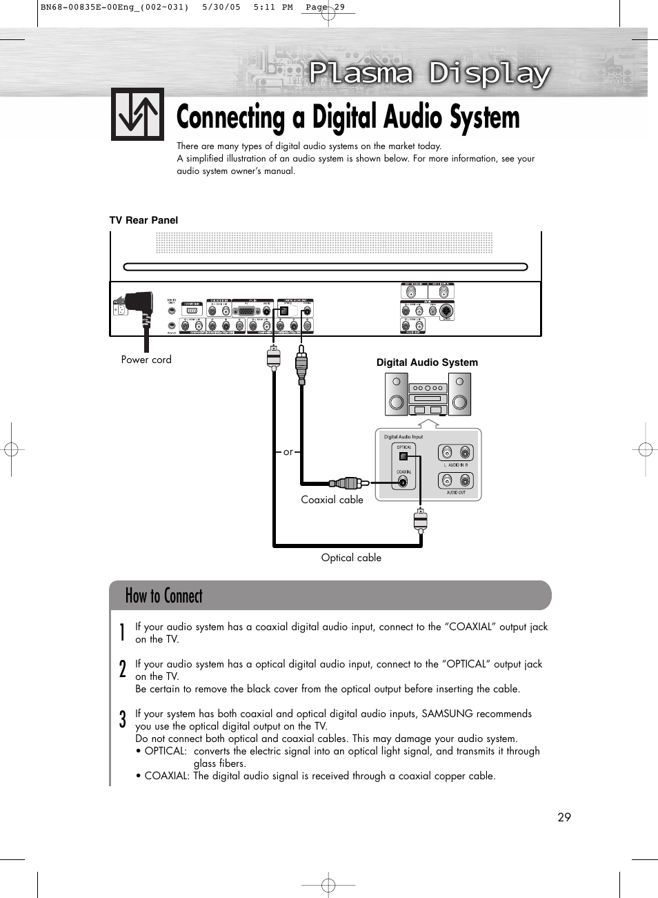 Connecting a digital audio system, How to connect | Samsung HPR4262X-XAA User Manual | Page 29 / 144