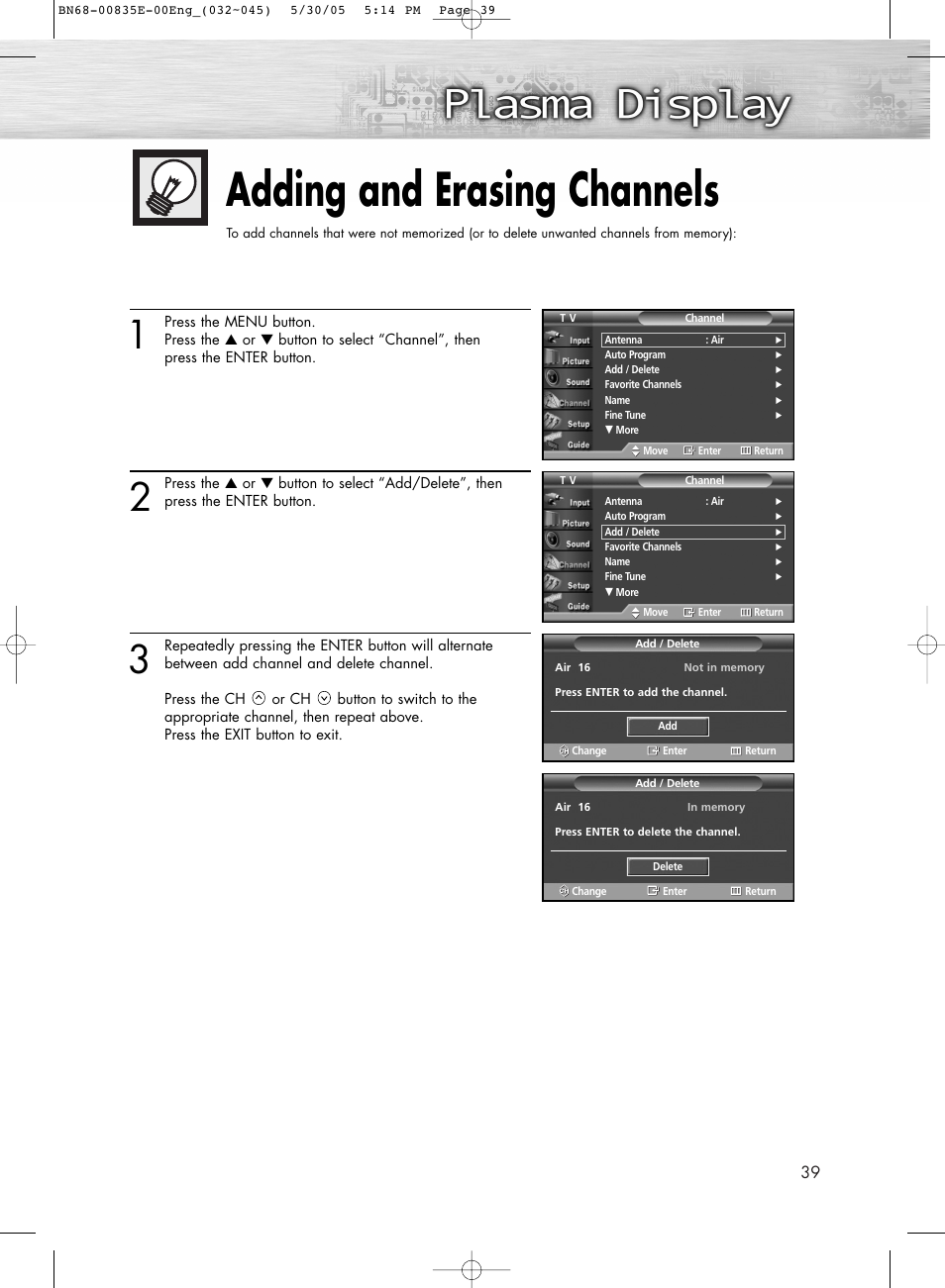 Adding and erasing channels | Samsung HPR4262X-XAA User Manual | Page 39 / 144