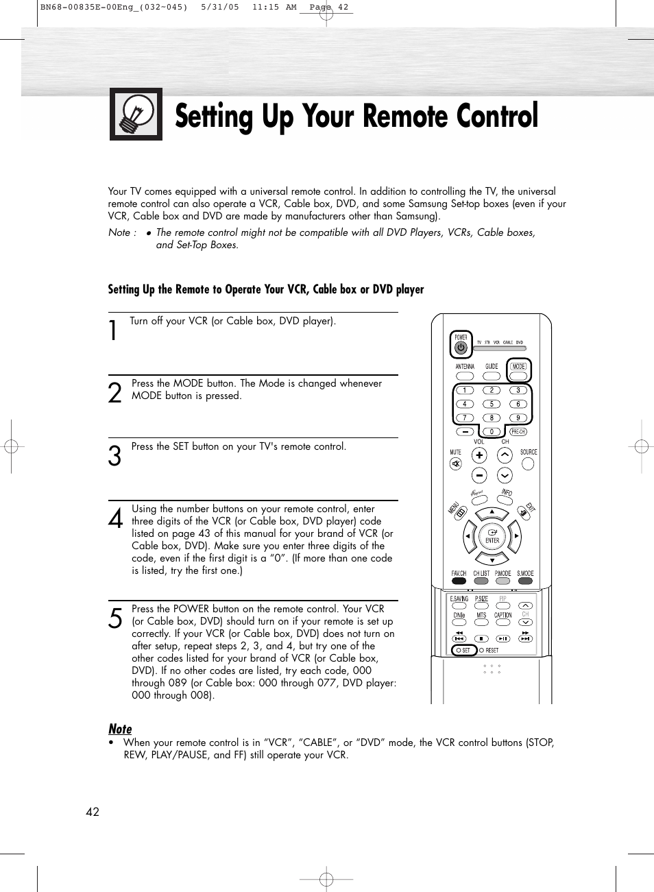 Setting up your remote control | Samsung HPR4262X-XAA User Manual | Page 42 / 144