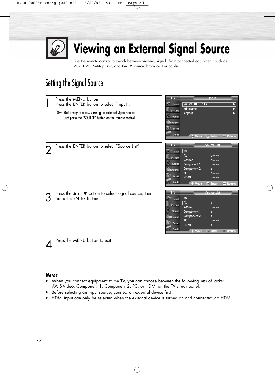 Viewing an external signal source, Setting the signal source | Samsung HPR4262X-XAA User Manual | Page 44 / 144