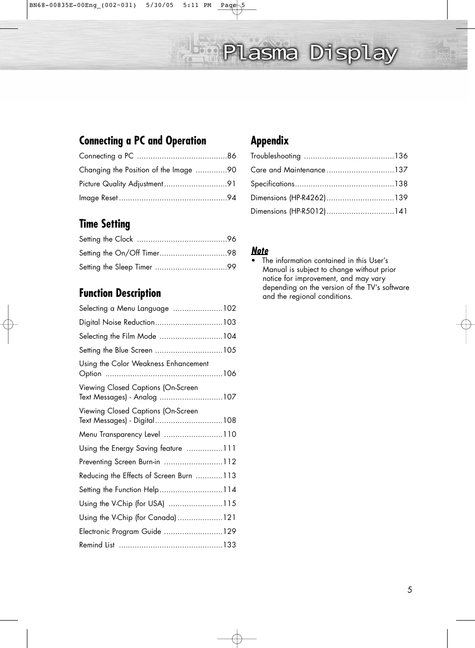 Connecting a pc and operation, Time setting, Function description | Appendix | Samsung HPR4262X-XAA User Manual | Page 5 / 144