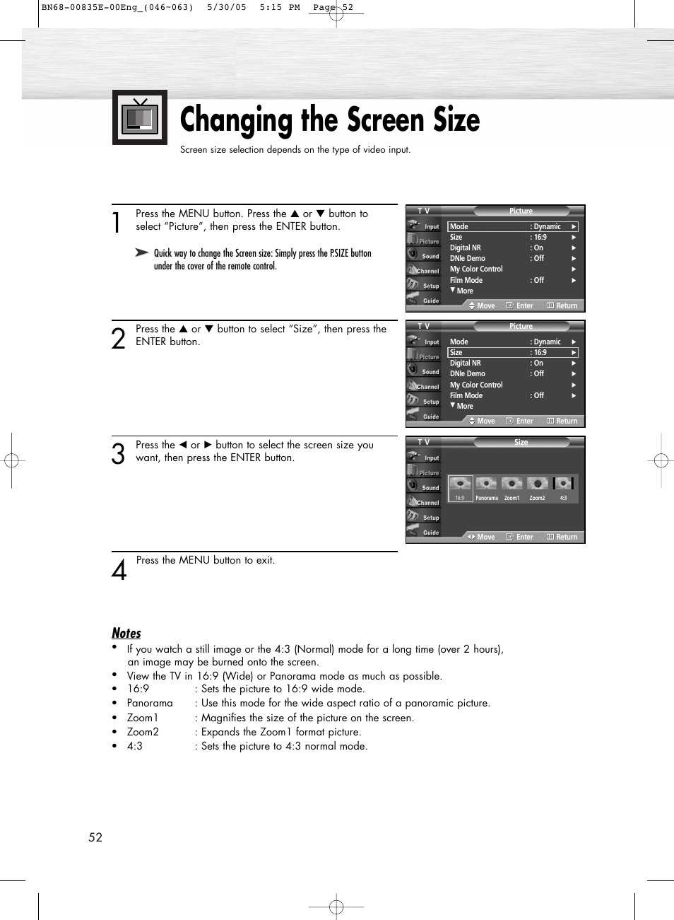 Changing the screen size | Samsung HPR4262X-XAA User Manual | Page 52 / 144