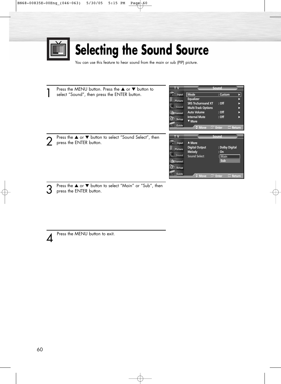 Selecting the sound source | Samsung HPR4262X-XAA User Manual | Page 60 / 144