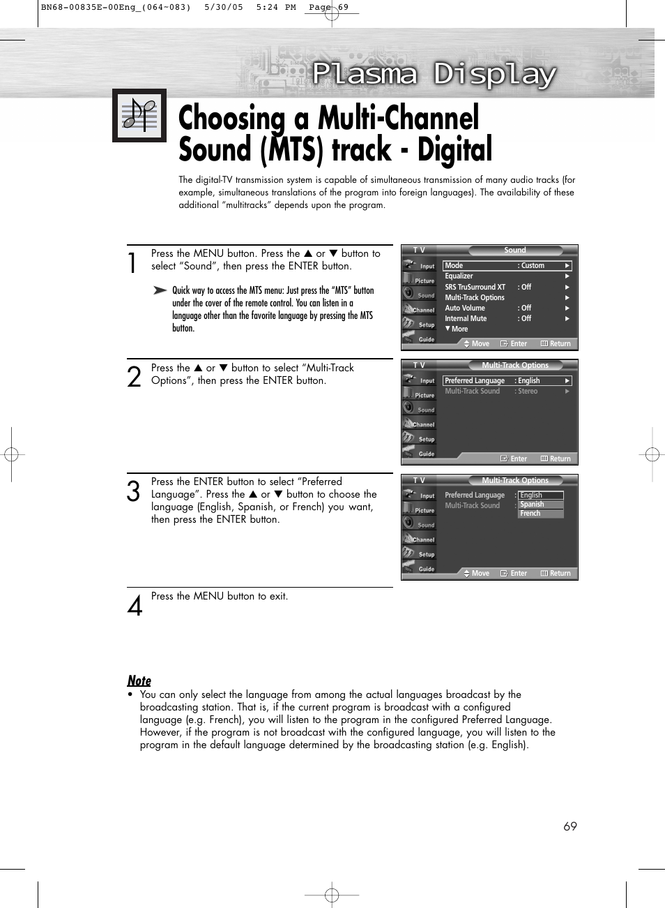 Choosing a multi-channel sound (mts) track-digital | Samsung HPR4262X-XAA User Manual | Page 69 / 144
