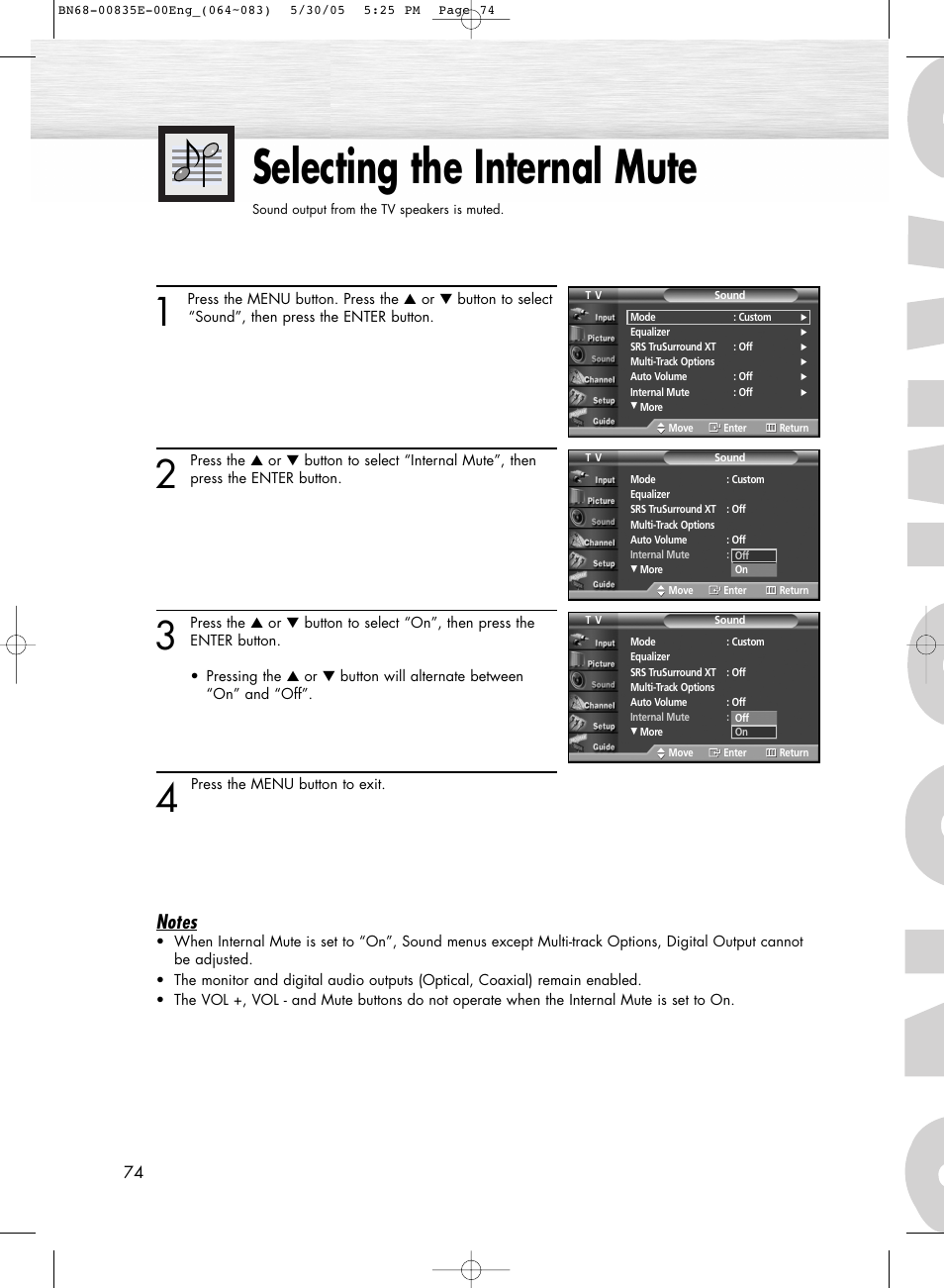 Selecting the internal mute | Samsung HPR4262X-XAA User Manual | Page 74 / 144