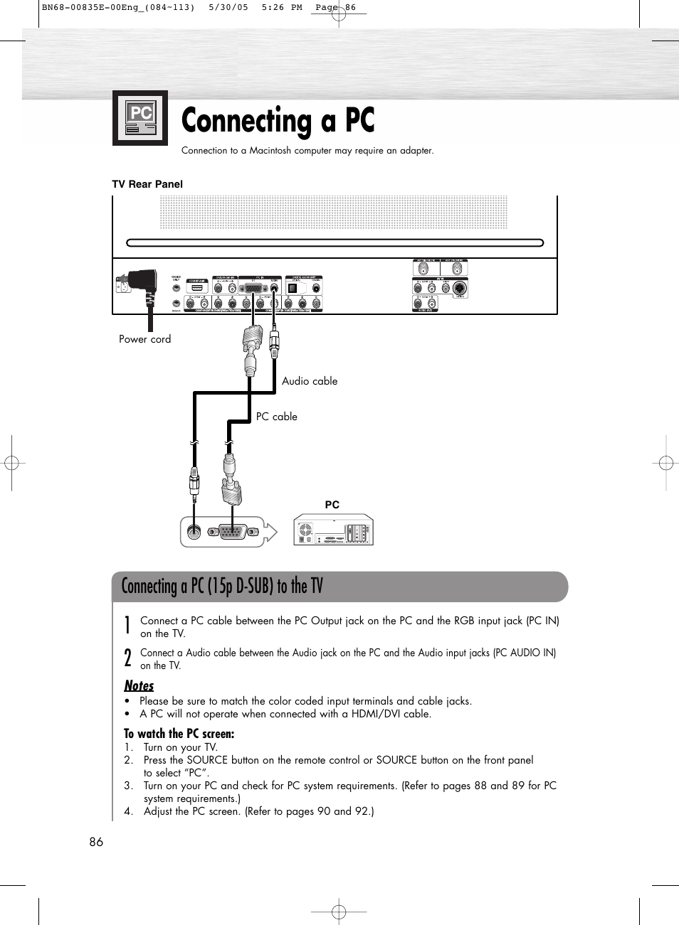 Connecting a pc, Connecting a pc (15p d-sub) to the tv | Samsung HPR4262X-XAA User Manual | Page 86 / 144