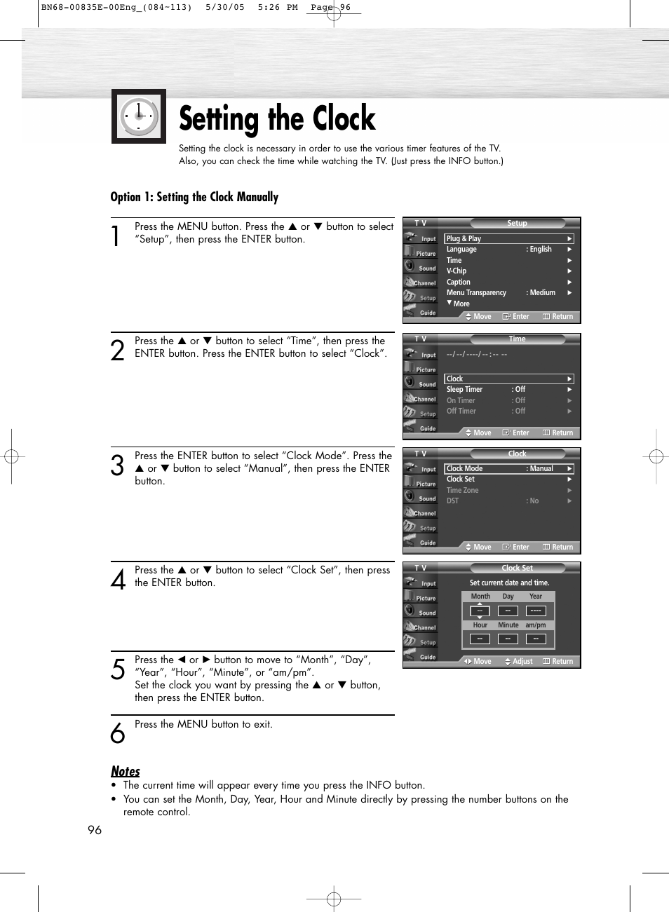 Setting the clock, Option 1: setting the clock manually | Samsung HPR4262X-XAA User Manual | Page 96 / 144