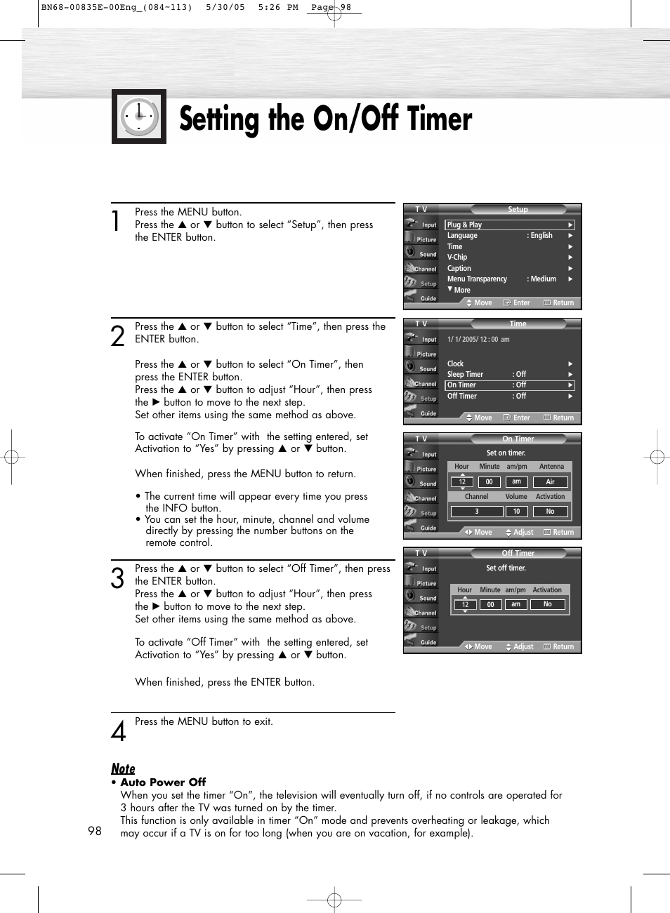 Setting the on/off timer | Samsung HPR4262X-XAA User Manual | Page 98 / 144