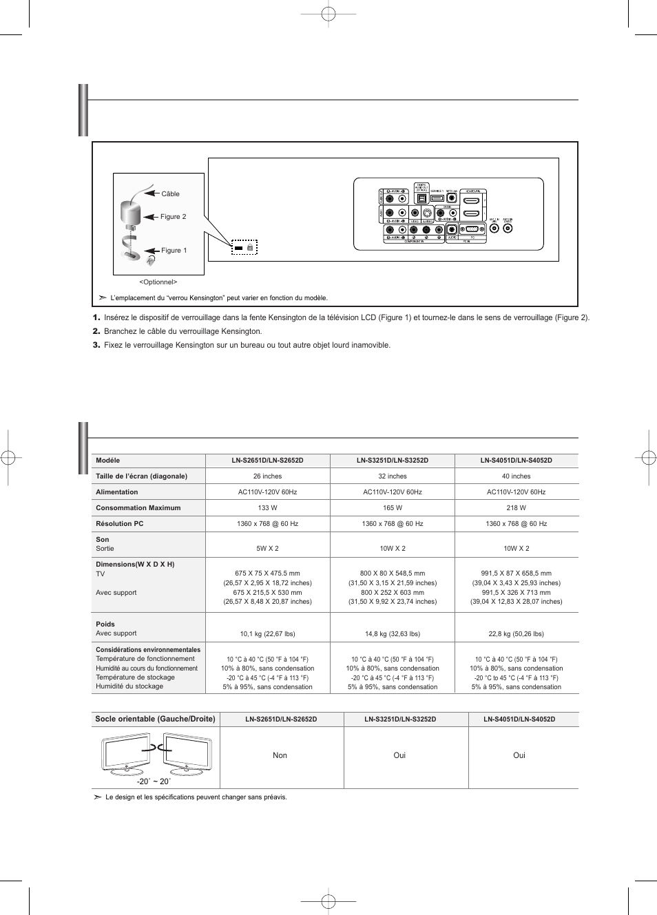 Utilisation du verrouillage kensington antivol, Spécifications | Samsung LNS3252DX-XAA User Manual | Page 124 / 186