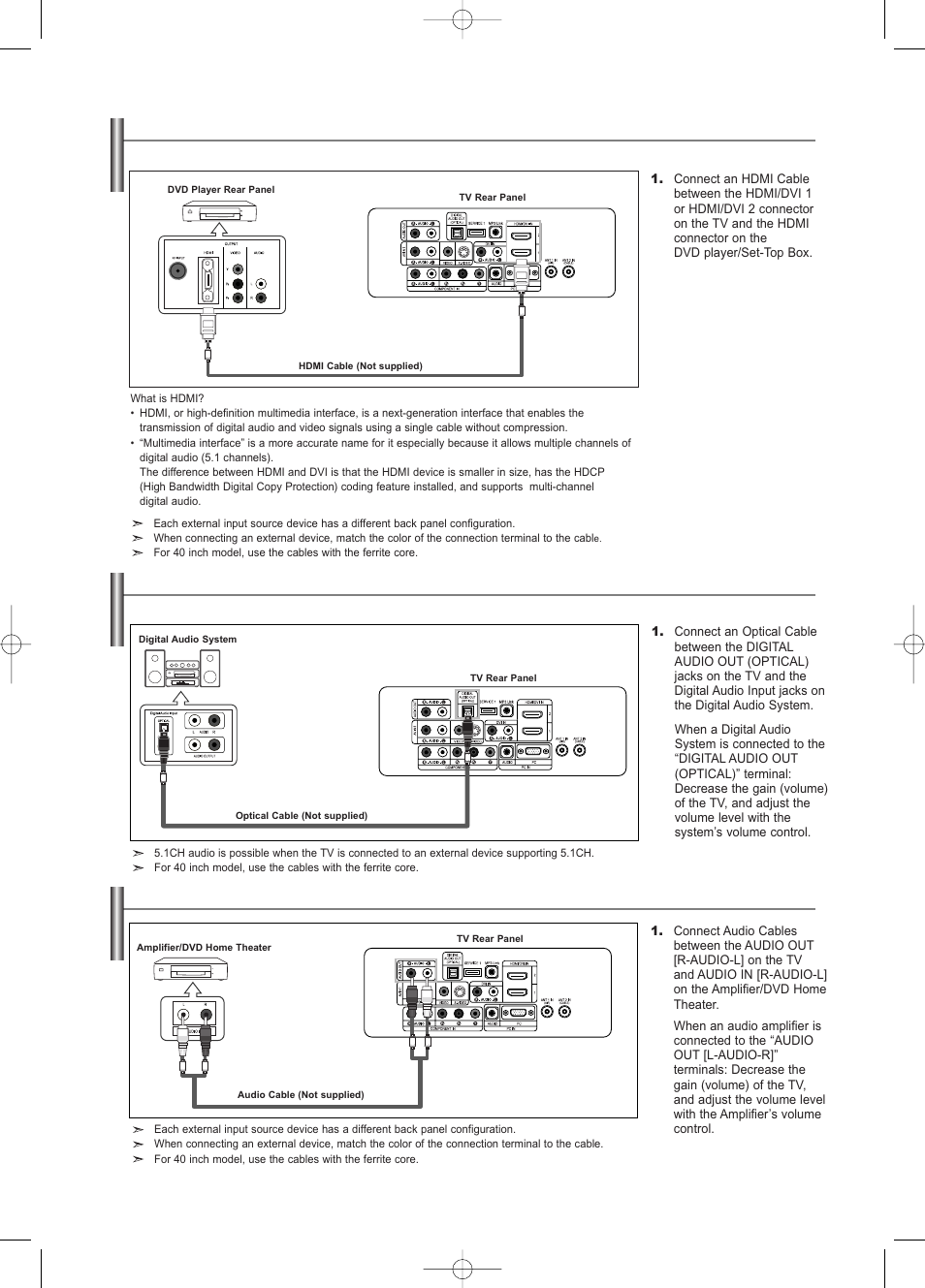 Connecting a dvd player/set-top box via hdmi, Connecting a digital audio system, Connecting an amplifier/dvd home theater | Samsung LNS3252DX-XAA User Manual | Page 13 / 186
