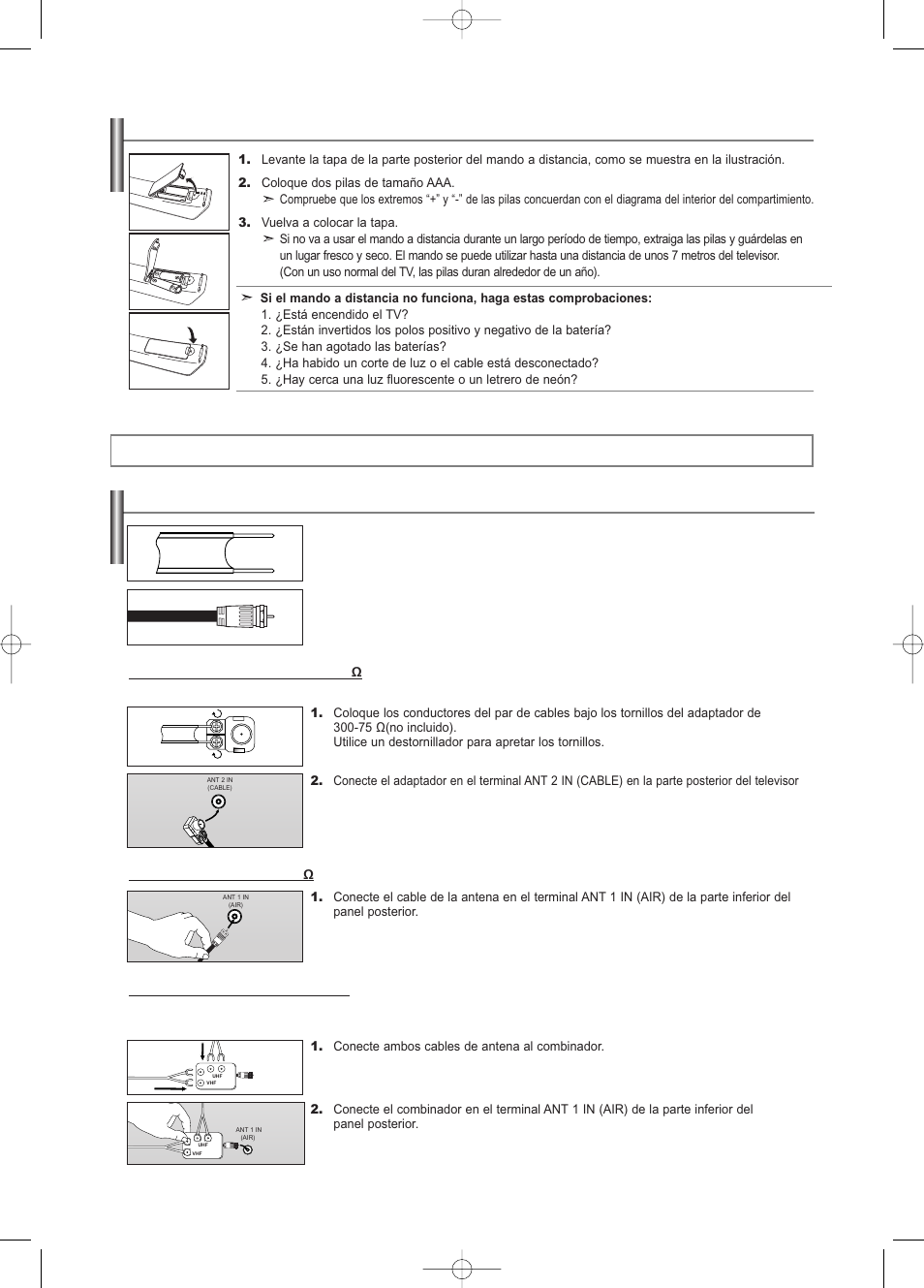 Conexiones, Conexión de antenas de vhf y uhf, Instalación de las pilas en el mando a distancia | Samsung LNS3252DX-XAA User Manual | Page 132 / 186