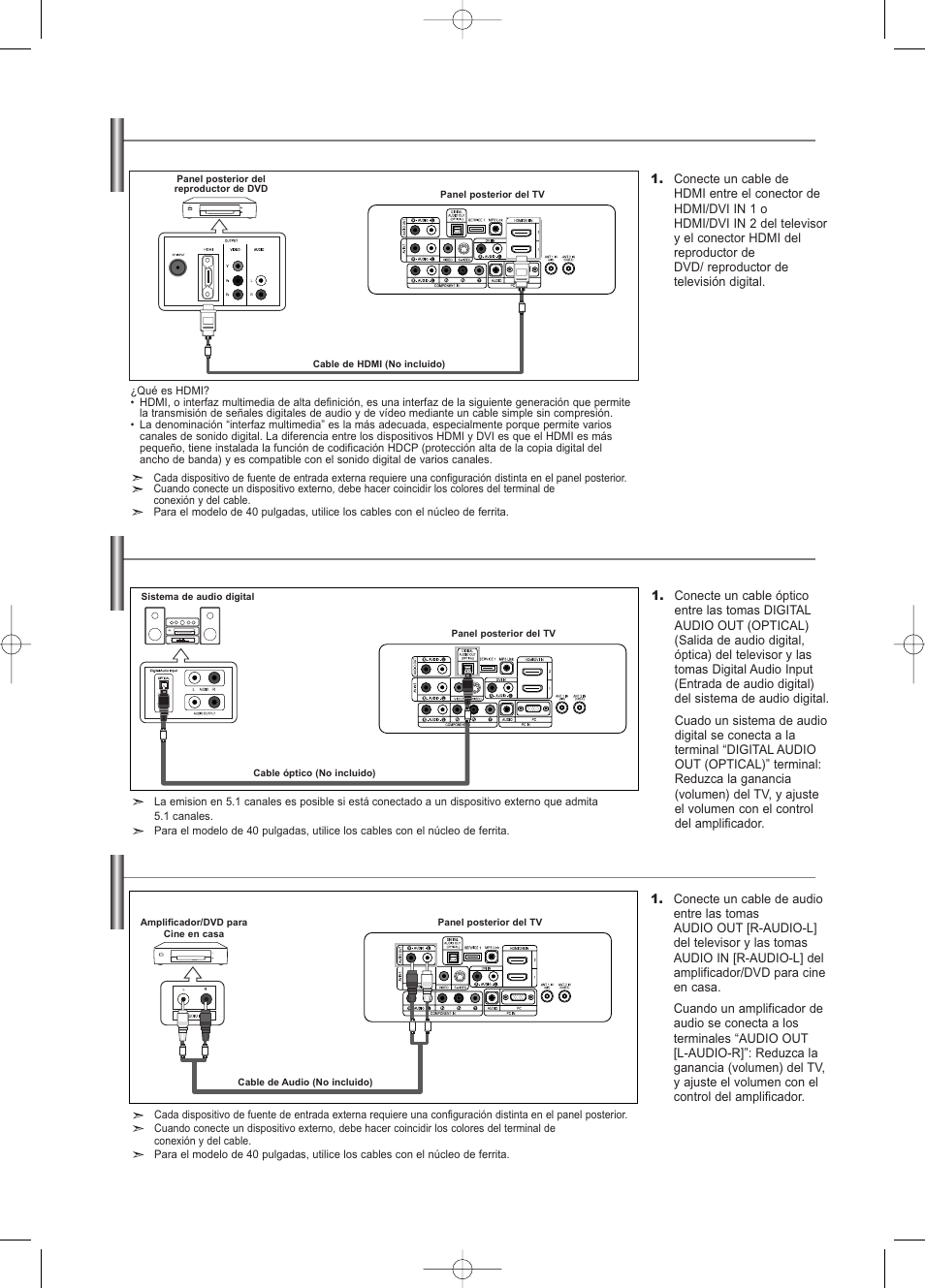 Conexión de un sistema de audio digital, Conexión de un amplificador/dvd para cine en casa | Samsung LNS3252DX-XAA User Manual | Page 136 / 186