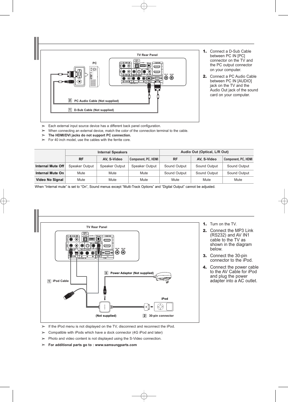 Connecting a pc, Connecting the ipod, Connect the 30-pin connector to the ipod | Samsung LNS3252DX-XAA User Manual | Page 14 / 186
