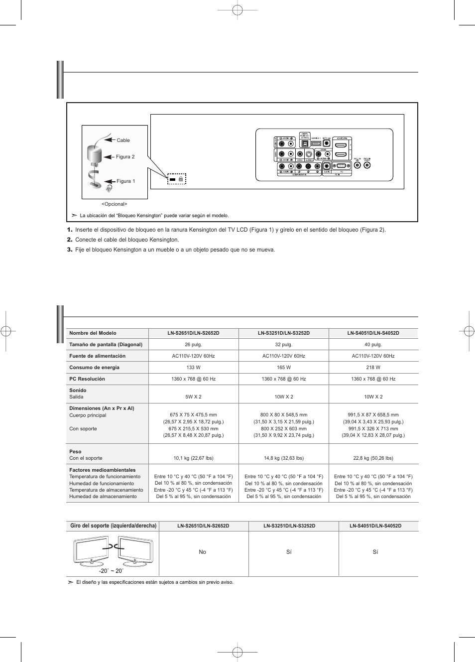 Uso del cierre antirrobo kensington, Especificaciones | Samsung LNS3252DX-XAA User Manual | Page 185 / 186
