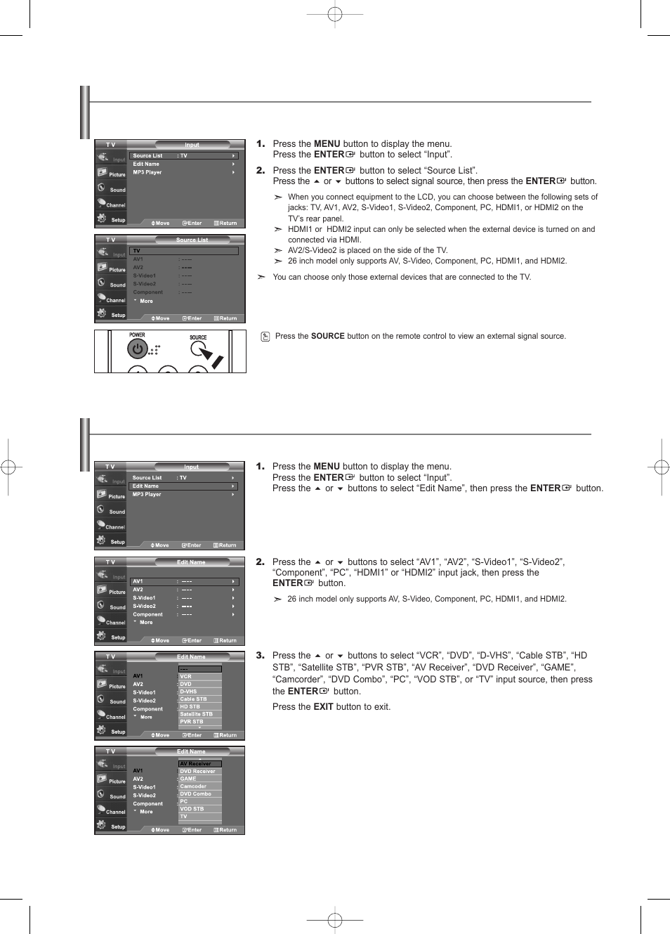 To select the source (depending on the model) | Samsung LNS3252DX-XAA User Manual | Page 24 / 186