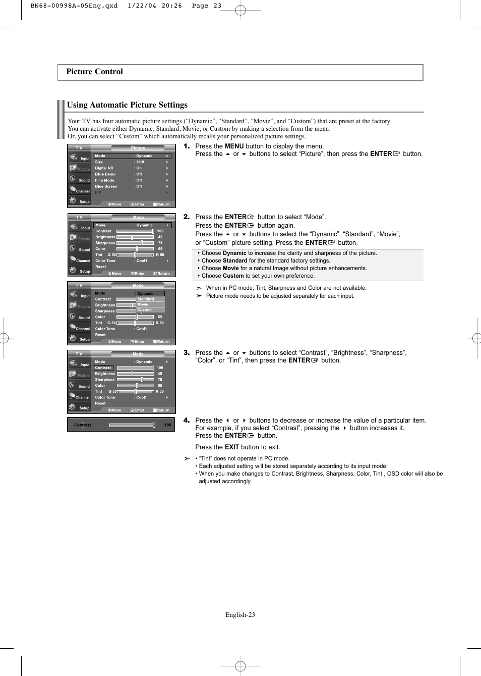 Picture control, Using automatic picture settings | Samsung LNS3252DX-XAA User Manual | Page 25 / 186