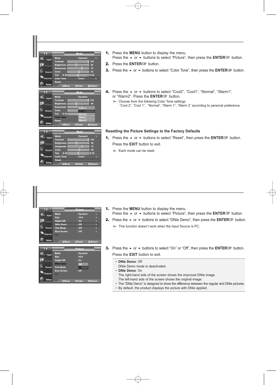 Adjusting the color tone, Dnie demo(digital natural image engine) | Samsung LNS3252DX-XAA User Manual | Page 26 / 186