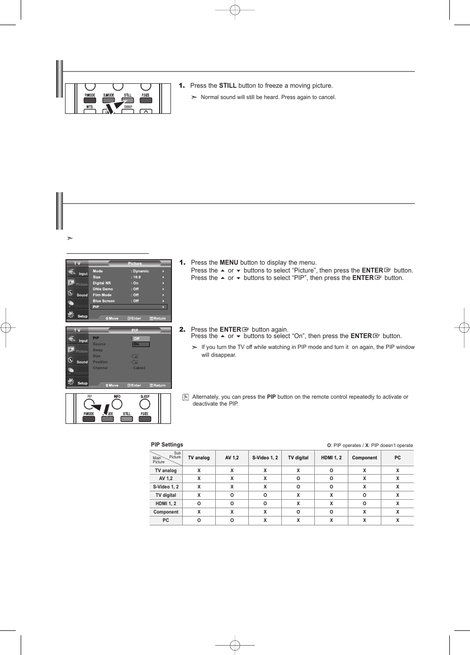 Freezing the picture, Viewing picture-in-picture | Samsung LNS3252DX-XAA User Manual | Page 28 / 186
