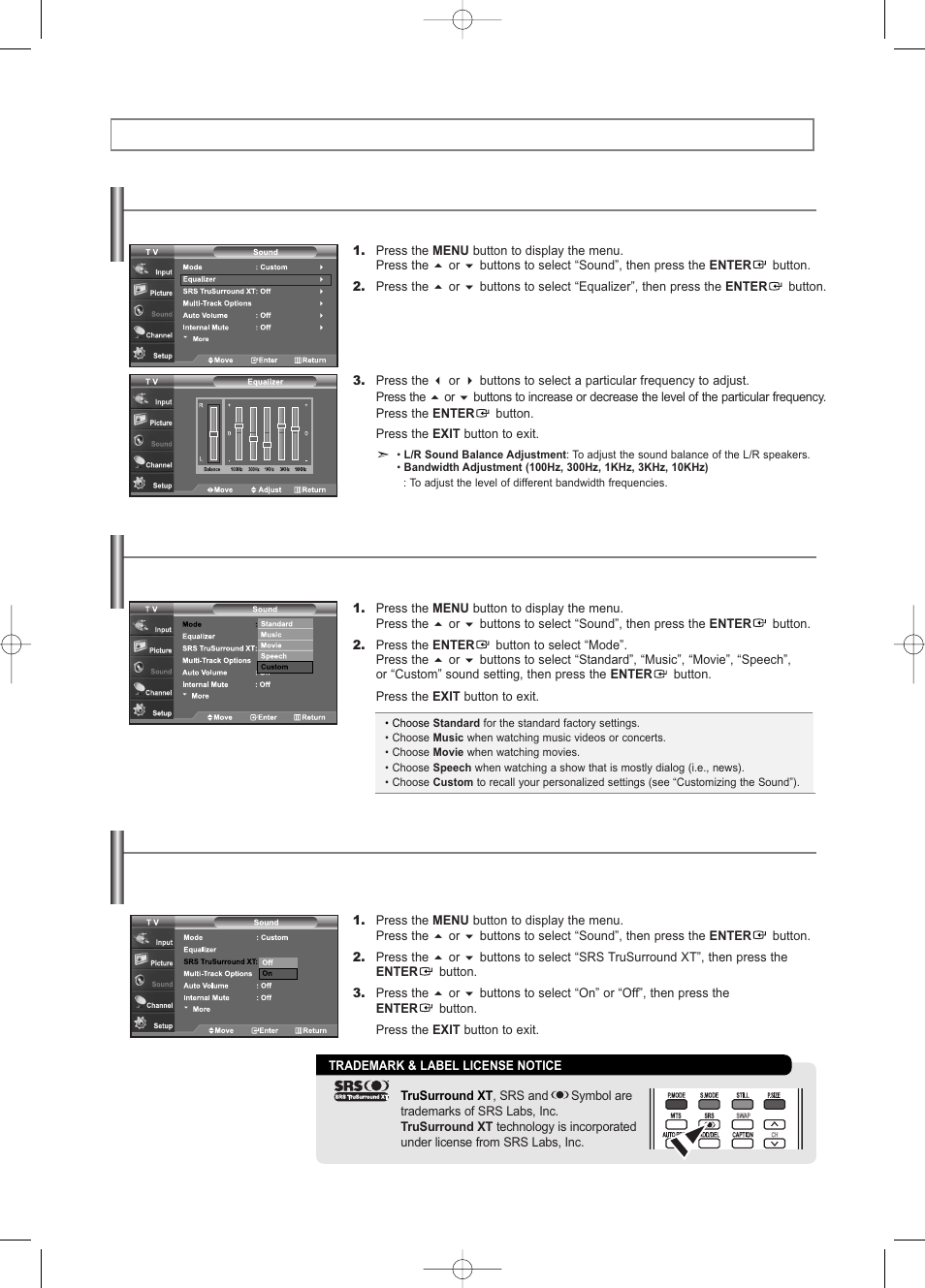 Sound control, Customizing the sound, Using automatic sound settings | Setting the trusurround xt | Samsung LNS3252DX-XAA User Manual | Page 30 / 186