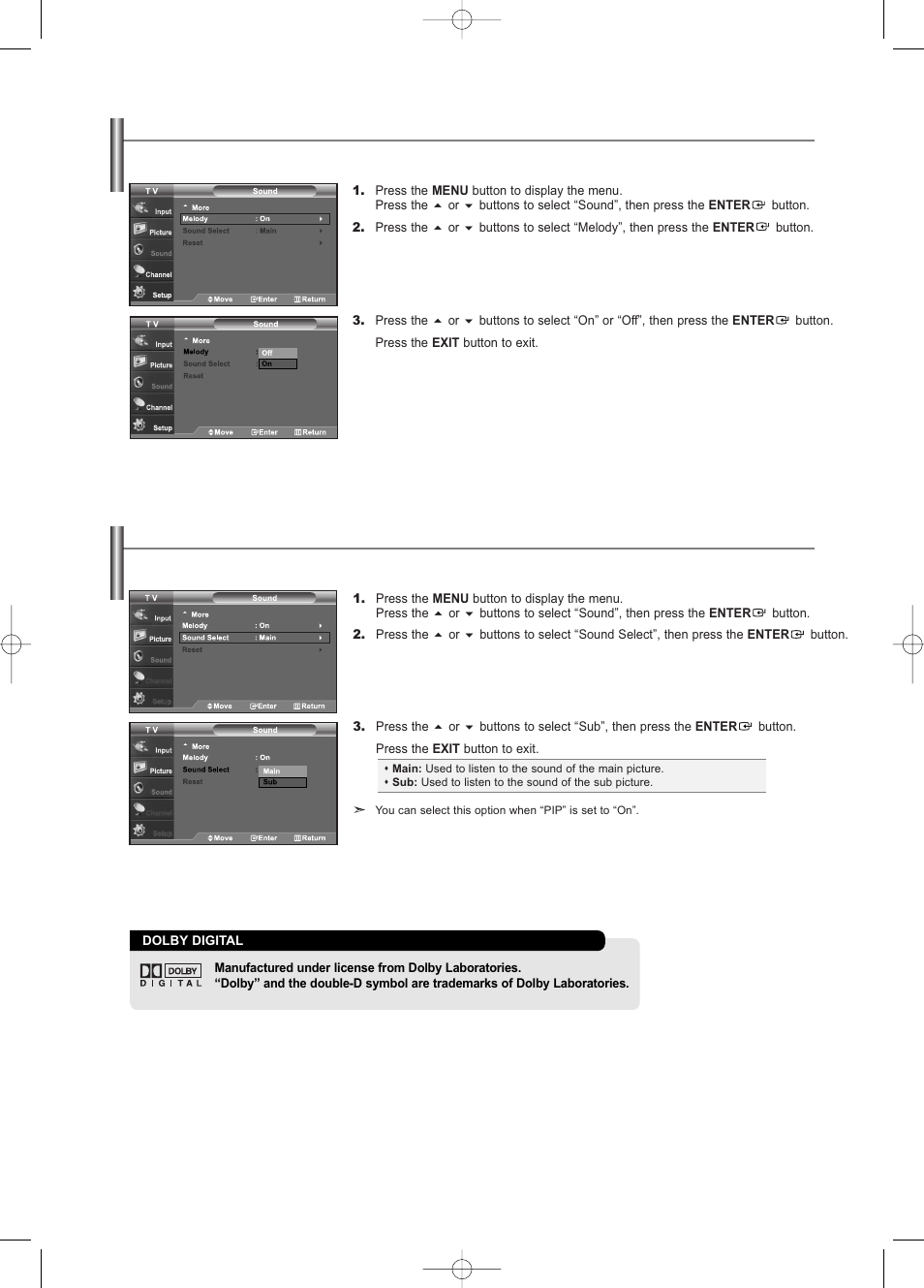 Setting the on/off melody, Listening to the sound of the sub (pip) picture | Samsung LNS3252DX-XAA User Manual | Page 33 / 186