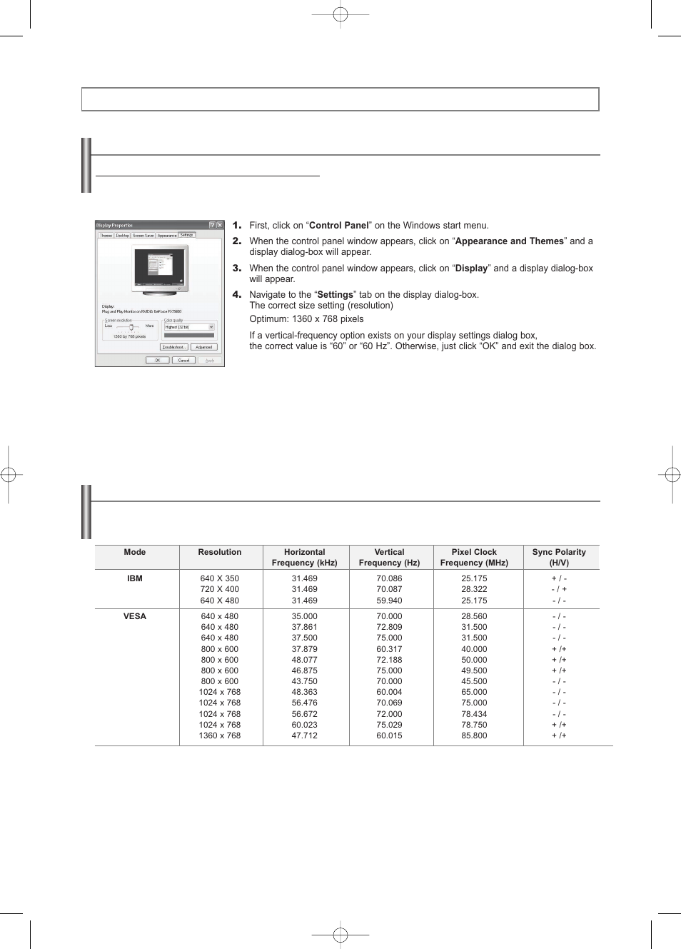 Pc display, Using your tv as a computer (pc) display, Display modes | Samsung LNS3252DX-XAA User Manual | Page 39 / 186