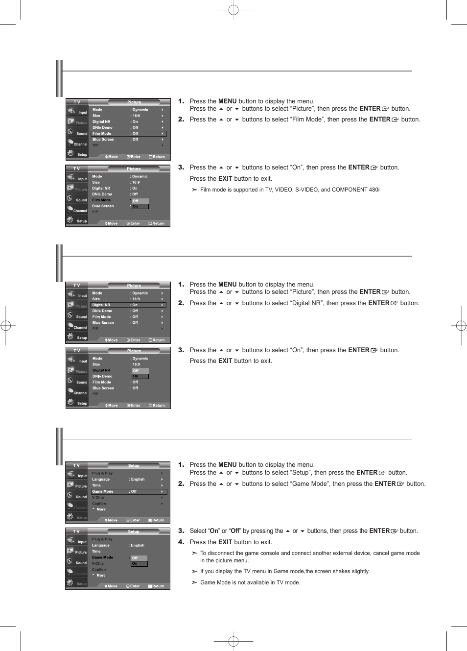 Selecting the film mode, Digital noise reduction, Using the game mode | Samsung LNS3252DX-XAA User Manual | Page 46 / 186