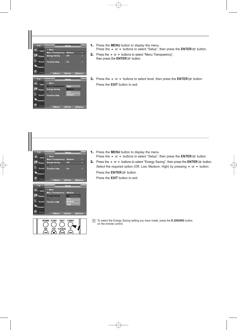 Menu transparency level, Using the energy saving feature | Samsung LNS3252DX-XAA User Manual | Page 49 / 186