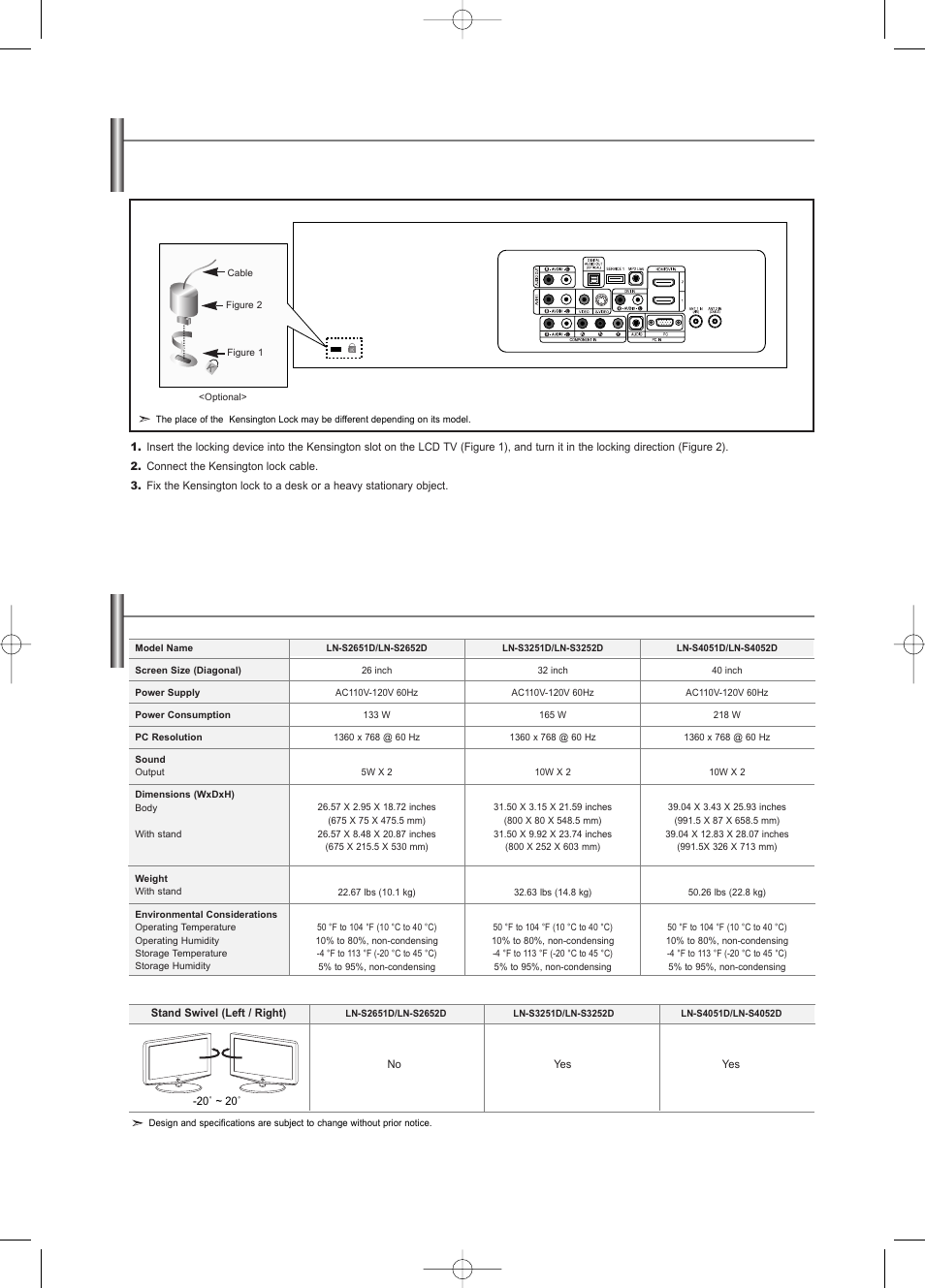 Using the anti-theft kensington lock, Specifications | Samsung LNS3252DX-XAA User Manual | Page 62 / 186