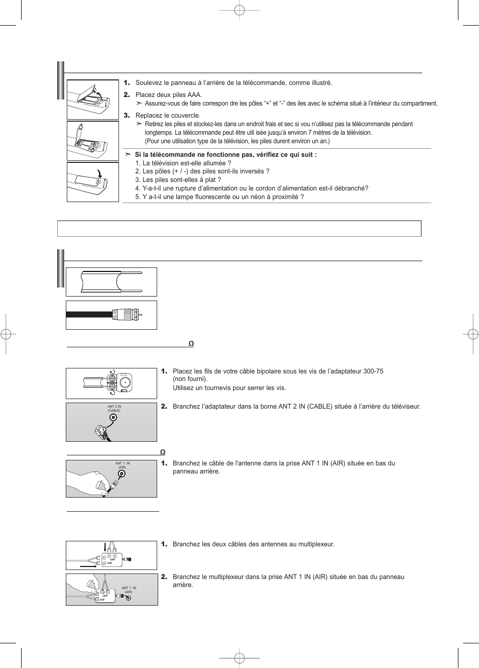 Connexions, Connexion d’antennes vhf et uhf, Insertion des piles dans la télécommande | Samsung LNS3252DX-XAA User Manual | Page 71 / 186