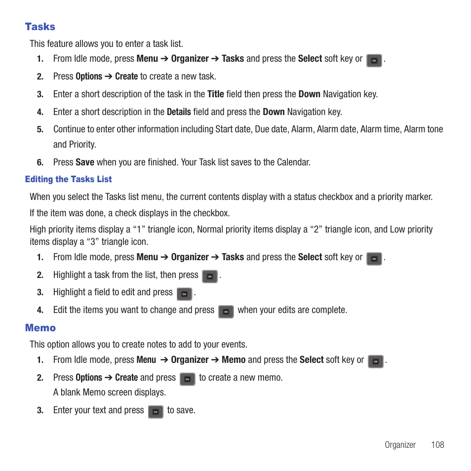 Tasks, Memo, Tasks memo | Samsung SGH-T479RNATMB User Manual | Page 111 / 167