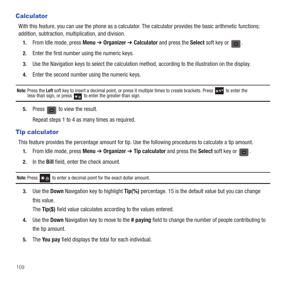 Calculator, Tip calculator, Calculator tip calculator | Samsung SGH-T479RNATMB User Manual | Page 112 / 167