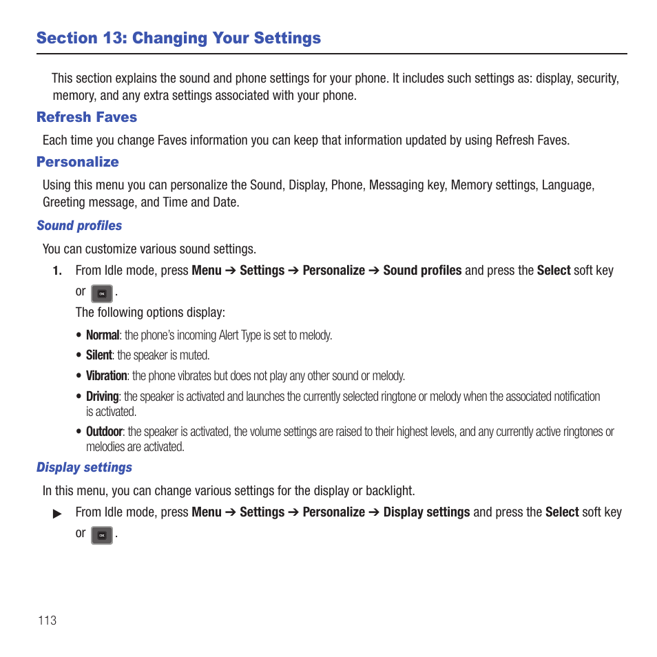 Section 13: changing your settings, Refresh faves, Personalize | Samsung SGH-T479RNATMB User Manual | Page 116 / 167