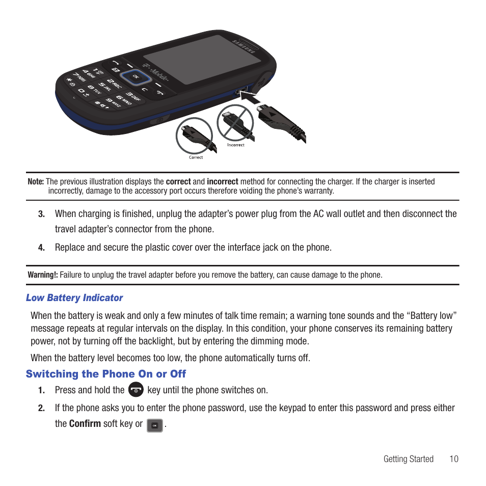 Switching the phone on or off | Samsung SGH-T479RNATMB User Manual | Page 13 / 167