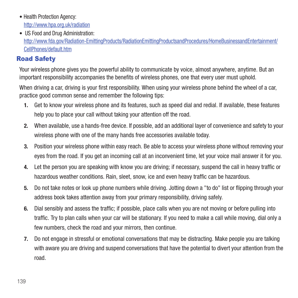 Road safety | Samsung SGH-T479RNATMB User Manual | Page 142 / 167