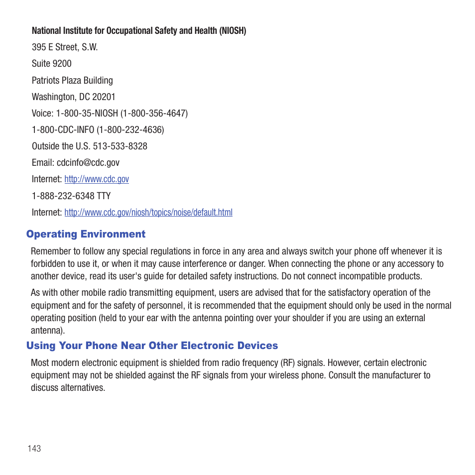 Operating environment, Using your phone near other electronic devices | Samsung SGH-T479RNATMB User Manual | Page 146 / 167