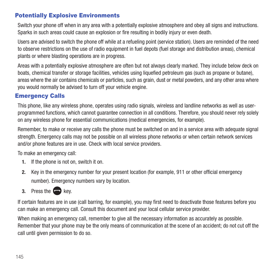 Potentially explosive environments, Emergency calls, Potentially explosive environments emergency calls | Samsung SGH-T479RNATMB User Manual | Page 148 / 167