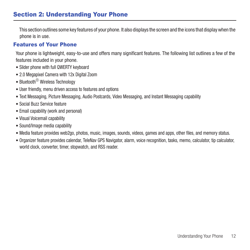 Section 2: understanding your phone, Features of your phone | Samsung SGH-T479RNATMB User Manual | Page 15 / 167