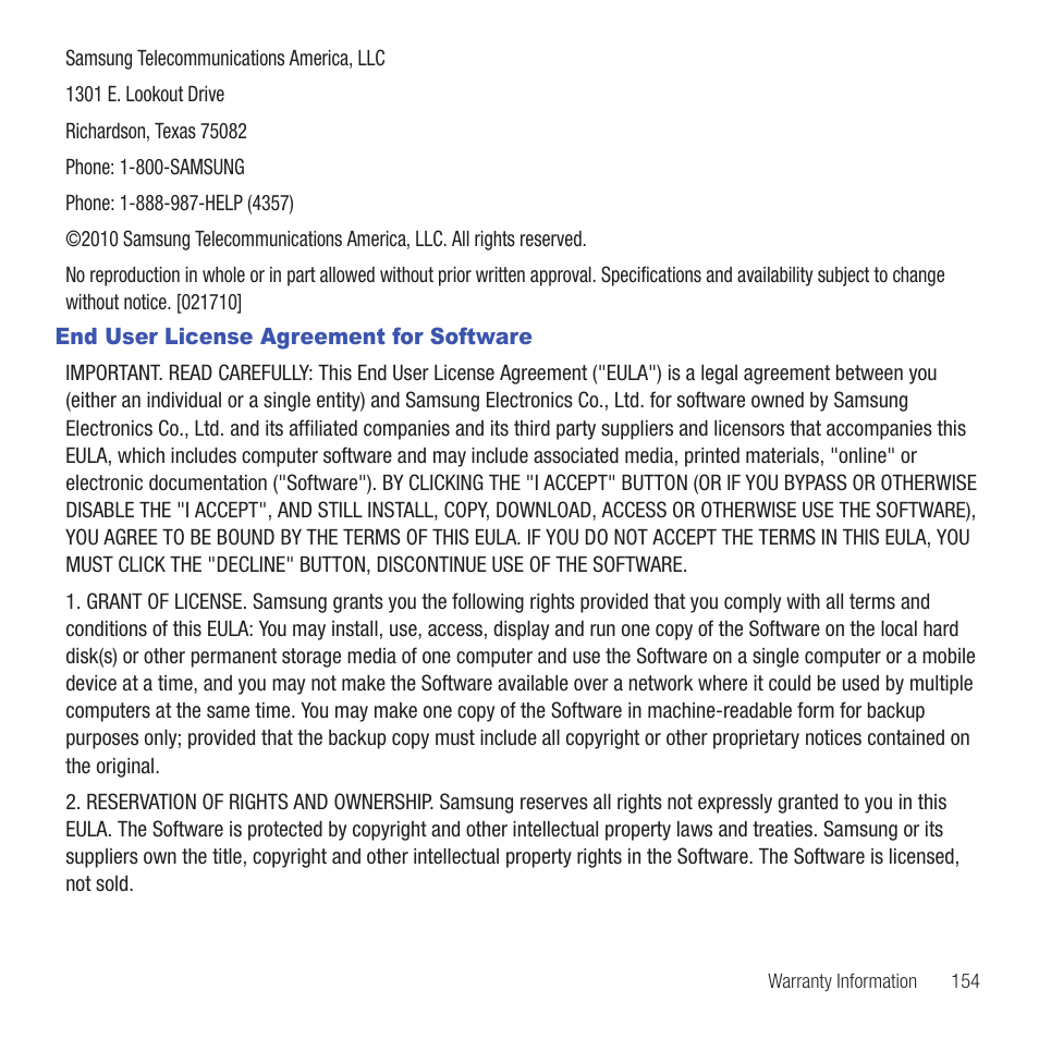 End user license agreement for software | Samsung SGH-T479RNATMB User Manual | Page 157 / 167