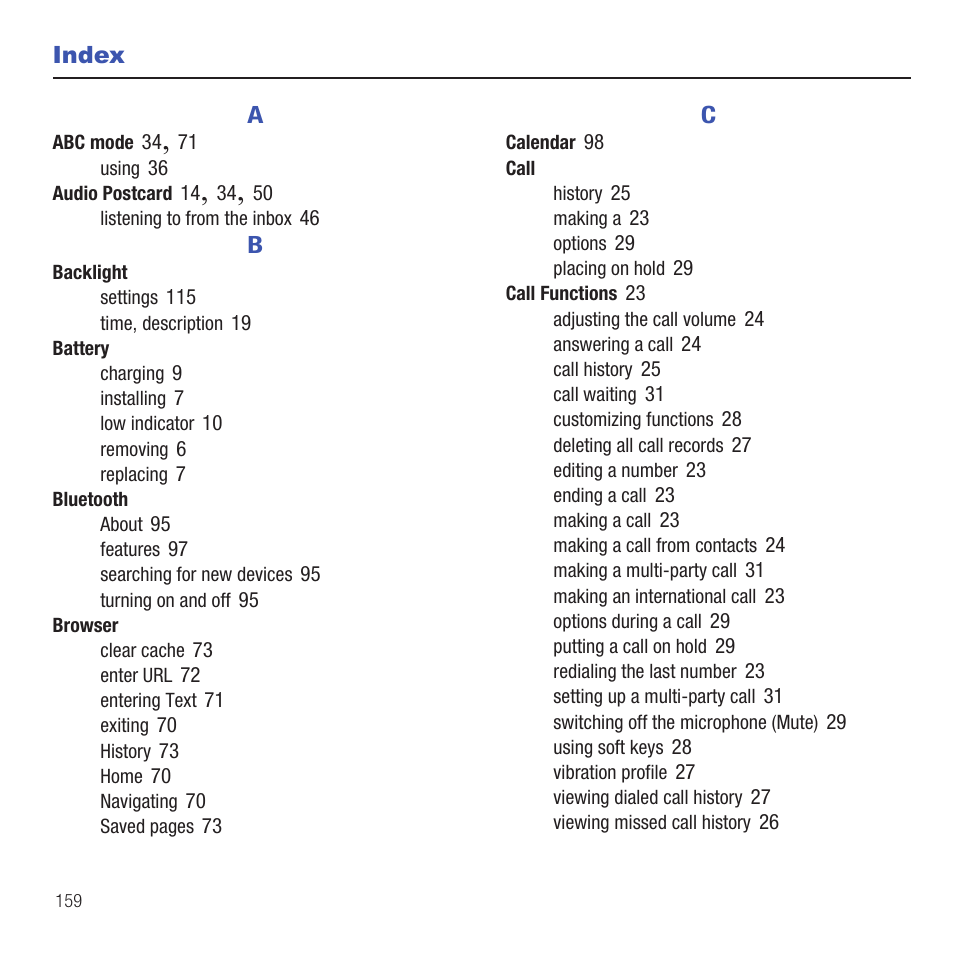 Index | Samsung SGH-T479RNATMB User Manual | Page 162 / 167