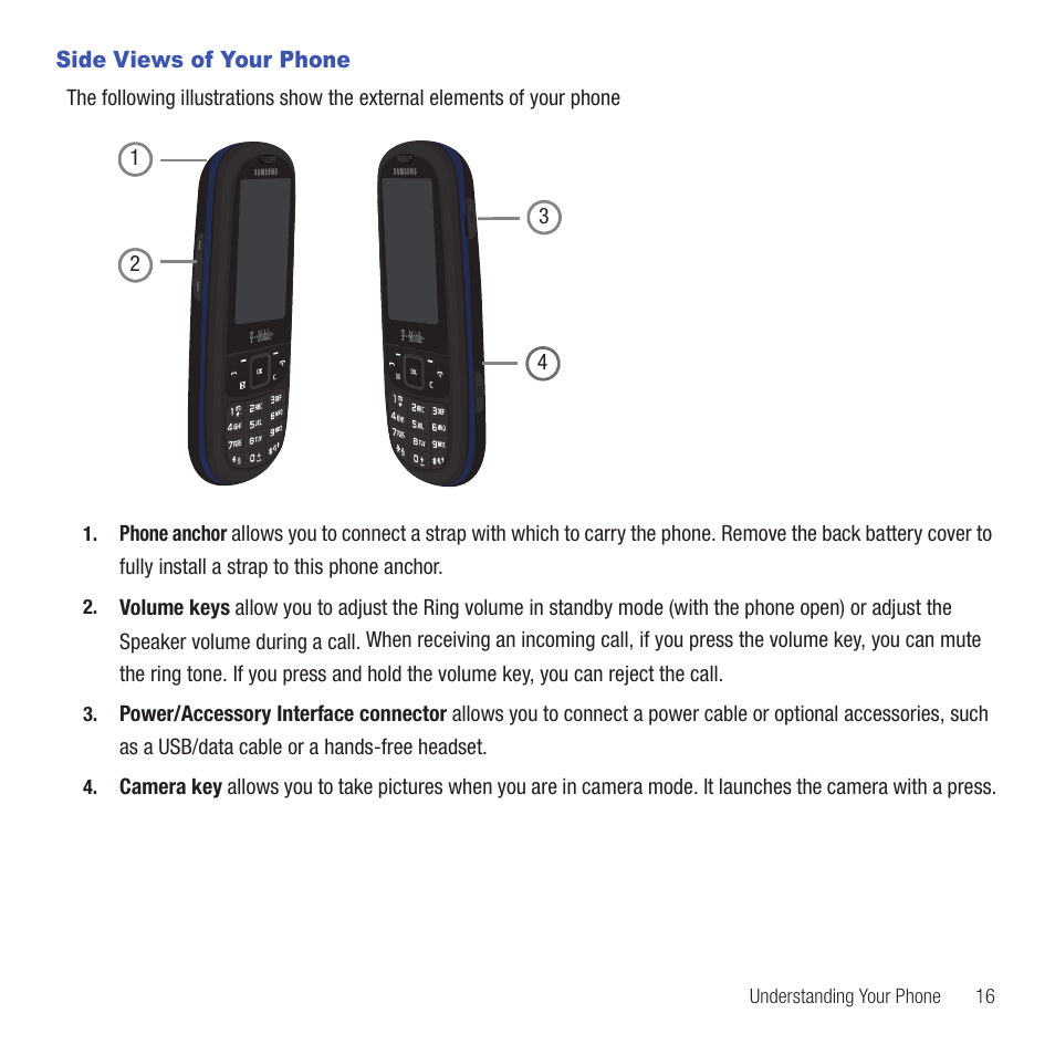 Side views of your phone | Samsung SGH-T479RNATMB User Manual | Page 19 / 167