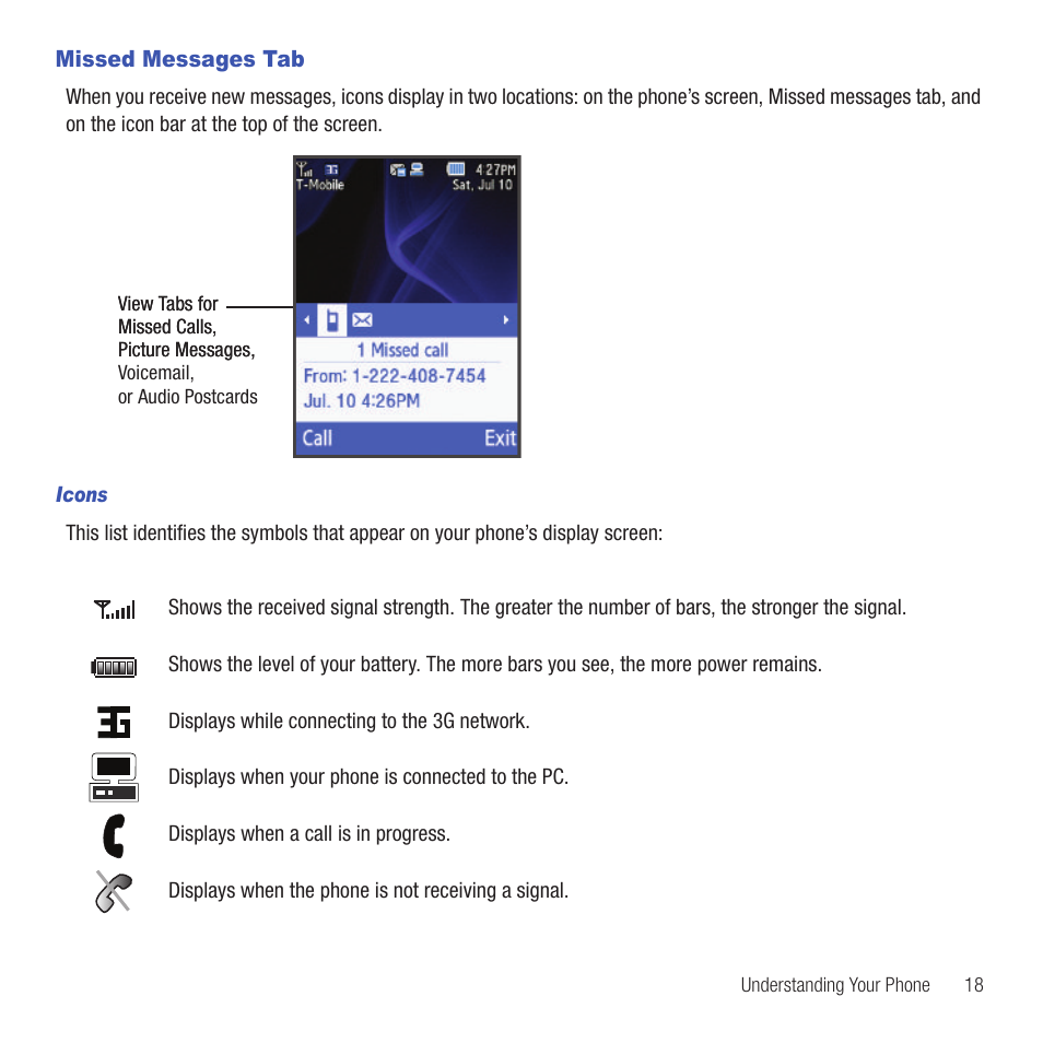 Missed messages tab | Samsung SGH-T479RNATMB User Manual | Page 21 / 167