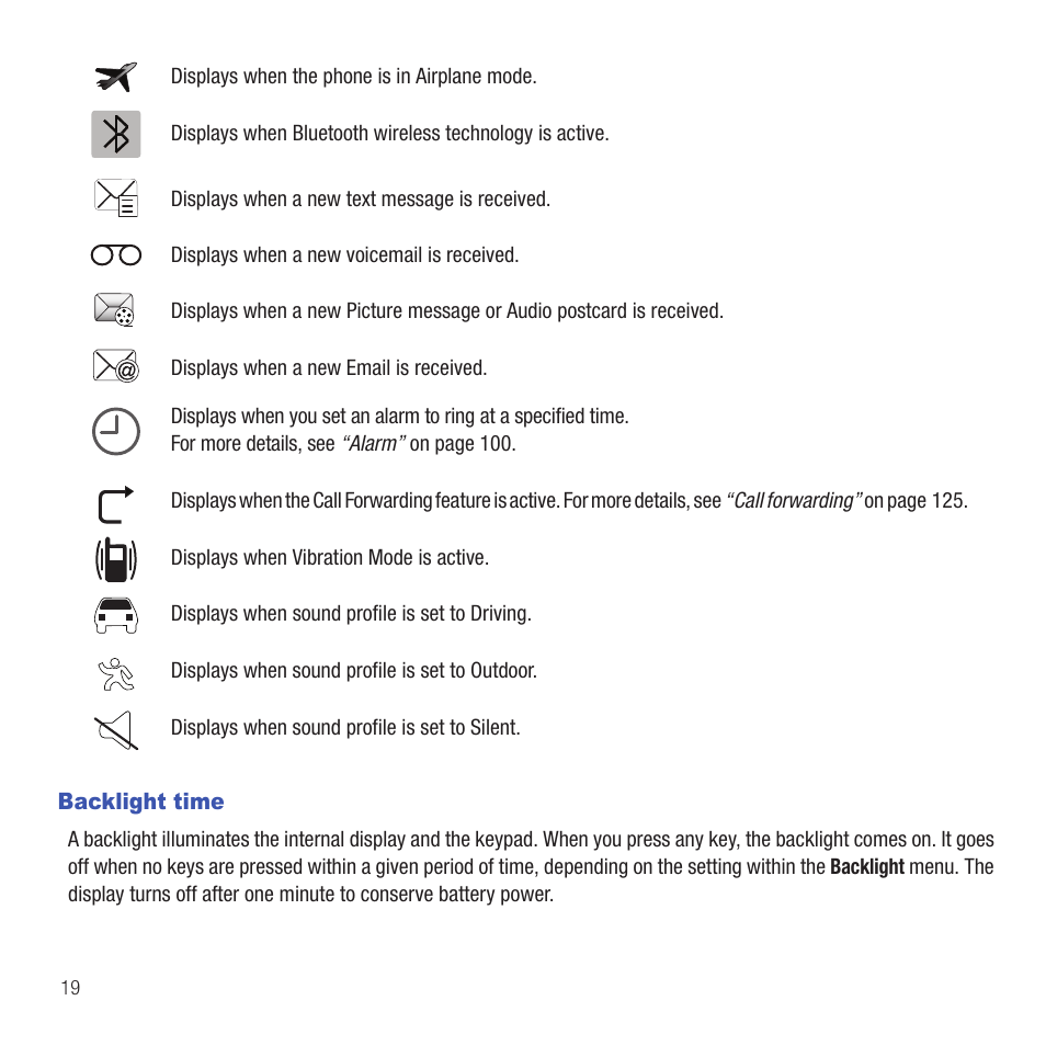 Backlight time | Samsung SGH-T479RNATMB User Manual | Page 22 / 167