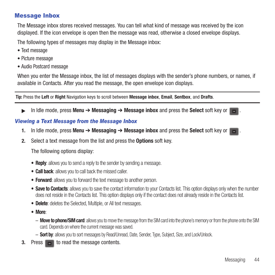 Message inbox | Samsung SGH-T479RNATMB User Manual | Page 47 / 167