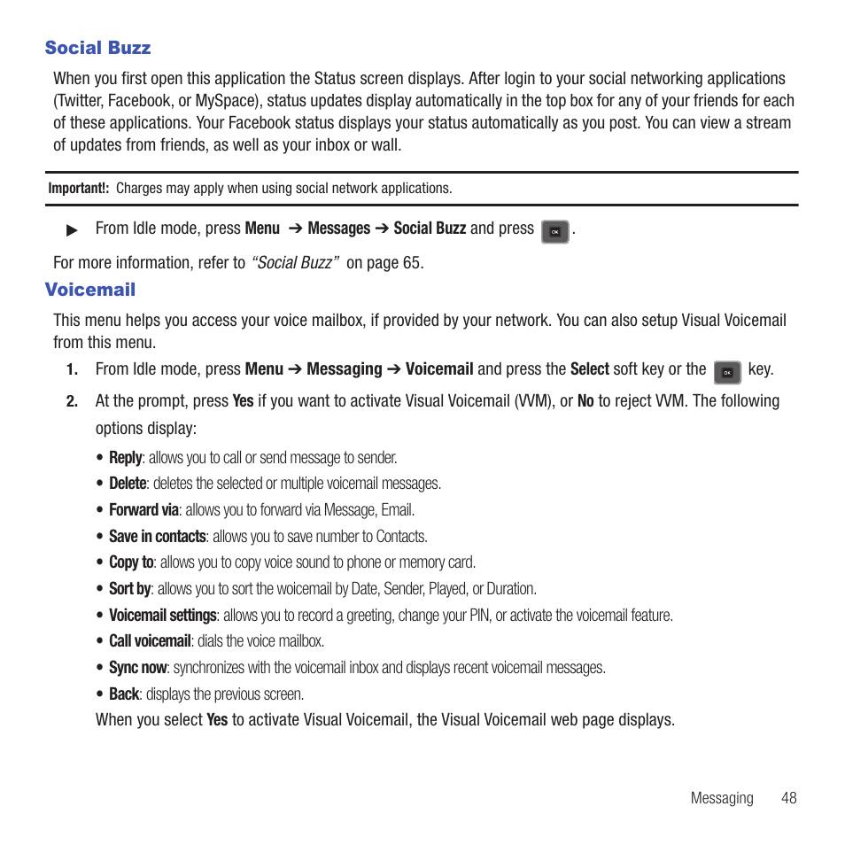 Social buzz, Voicemail, Social buzz voicemail | Samsung SGH-T479RNATMB User Manual | Page 51 / 167