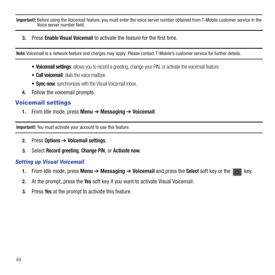 Voicemail settings | Samsung SGH-T479RNATMB User Manual | Page 52 / 167