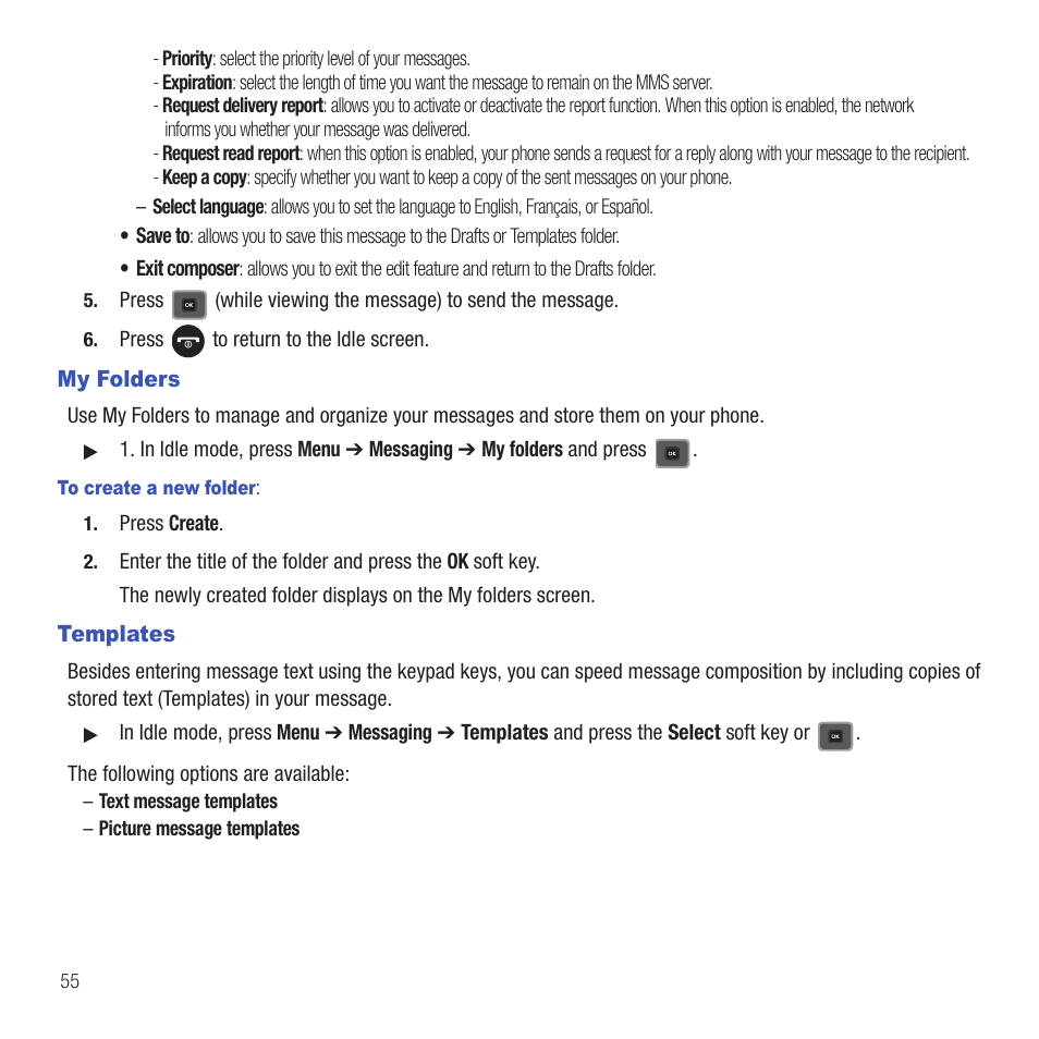 My folders, Templates, My folders templates | Samsung SGH-T479RNATMB User Manual | Page 58 / 167