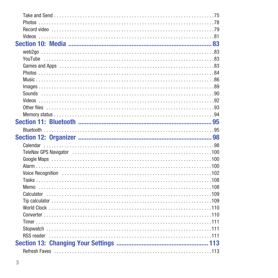 Section 10: media 83, Section 11: bluetooth 95, Section 12: organizer 98 | Section 13: changing your settings 113 | Samsung SGH-T479RNATMB User Manual | Page 6 / 167