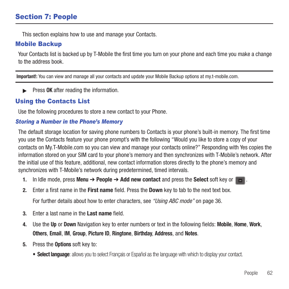 Section 7: people, Mobile backup, Using the contacts list | Mobile backup using the contacts list | Samsung SGH-T479RNATMB User Manual | Page 65 / 167