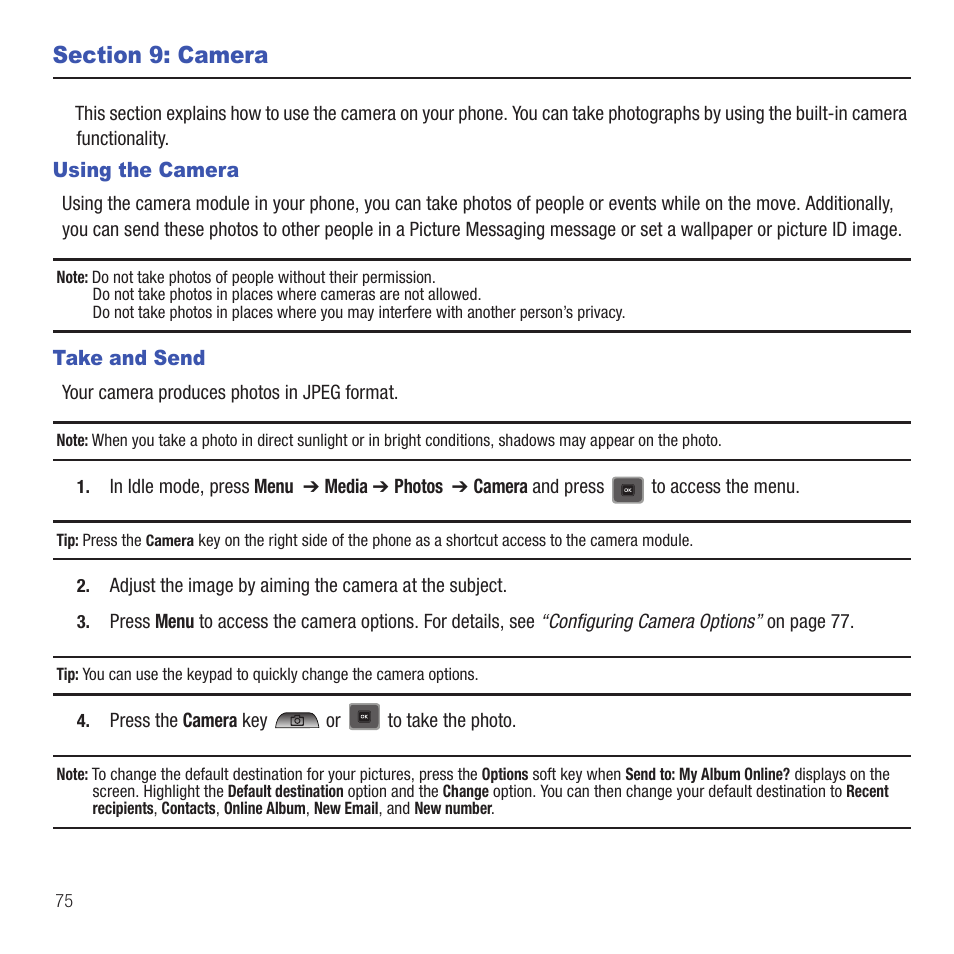 Section 9: camera, Using the camera, Take and send | Samsung SGH-T479RNATMB User Manual | Page 78 / 167