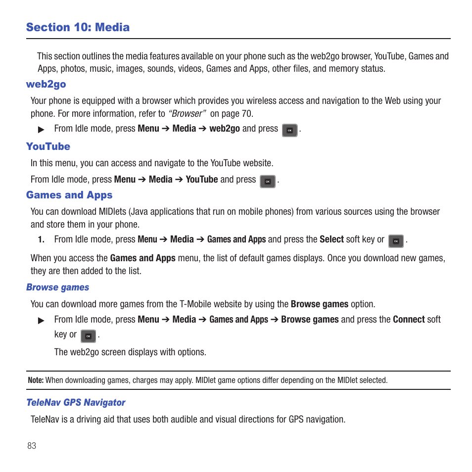 Section 10: media, Web2go, Youtube | Games and apps, Web2go youtube games and apps | Samsung SGH-T479RNATMB User Manual | Page 86 / 167